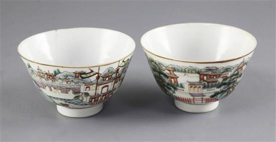 A pair of Chinese famille rose landscape bowls, Daoguang seal mark and of the period (1821-50), diameter 10.5cm, one with rim cracks